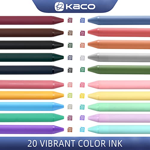 Kaco 20 Color Ink Retractable Gel Pens 0.5mm Fine Point, 20 Pieces (20 Multicolor-Version1) - WoodArtSupply