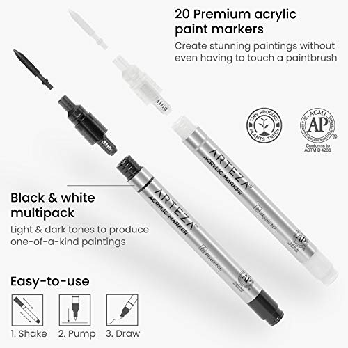 Arteza Acrylic Paint Markers, Pack of 20 Black & White Acrylic Paint Pens, Painting Art & Craft Supplies for Canvas, Glass, Plastic, and Rock - WoodArtSupply