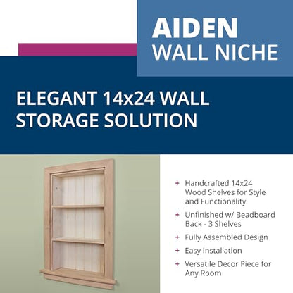 Fox Hollow Furnishings 14x24 Recessed Aiden Wall Niche - Wall Shelf for Storage and Home Decor, 3 Shelves (Unfinished W/Beadboard Back)