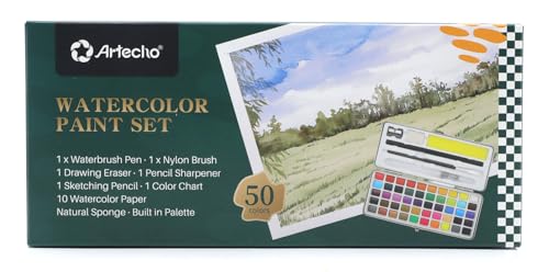 Artecho Watercolor Paint Set 50 Colors in Portable Box with Water Color Pallet, Watercolor Papers and Brushes, Ideal for Adults, Kids, Artists and