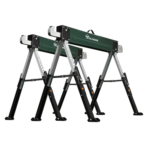 YITAHOME Saw Horses 2 Pack Folding, 8 Speed Adjustable Legs Sawhorse Stand, 4 x 4 Metal Top, Heavy Duty Pro Bench for Woodworking, Carpenters, YITAHOME