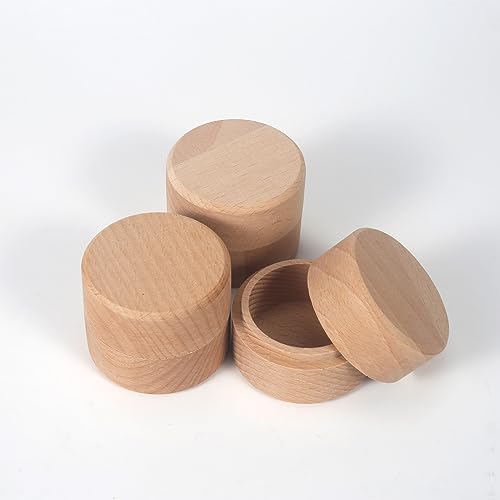 ASUNFO 3 Pcs Mini Round Wooden Ring Jewelry Box Holder Small Trinket Wooden Box with Lid DIY Storage Trinket Bearer Container Case Wood Ring Box