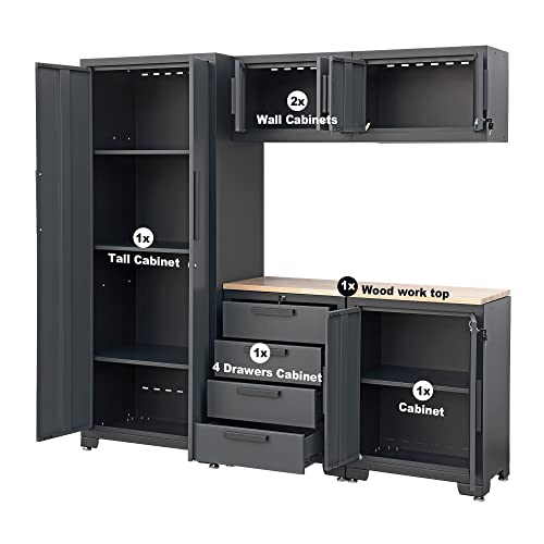 Torin AGP0112B Garage Cabinet Storage System with Lockers,Shelves and Wood Workbench, 76.8" L×18.5" W×75.79" H, Black/Grey Torin