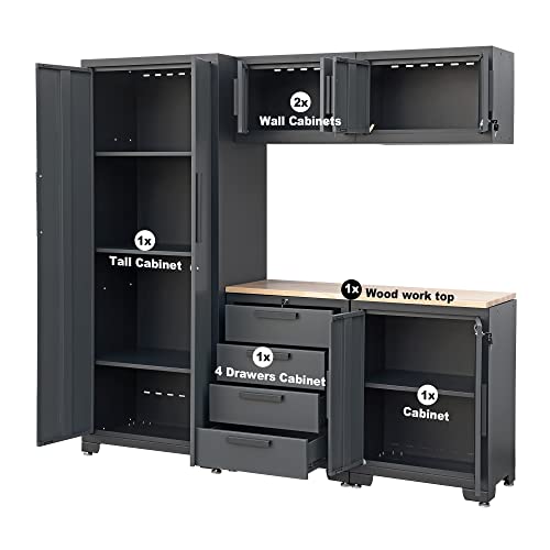 Torin AGP0112B Garage Cabinet Storage System with Lockers,Shelves and Wood Workbench, 76.8" L×18.5" W×75.79" H, Black/Grey - WoodArtSupply