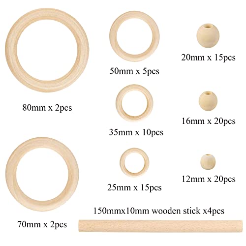 93 Pcs Macrame Kit Includes 4pcs Macrame Wooden Sticks 34pcs Wooden Rings Circles 55pcs Wood Beads Unfinished Wood Rings Beads Sticks for Macrame GrliTra