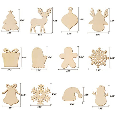 Max Fun 120PCS DIY Wooden Christmas Ornaments Unfinished Predrilled Wood for Crafts Centerpieces Holiday Birthday Hanging Decorations in 12 Shapes - WoodArtSupply