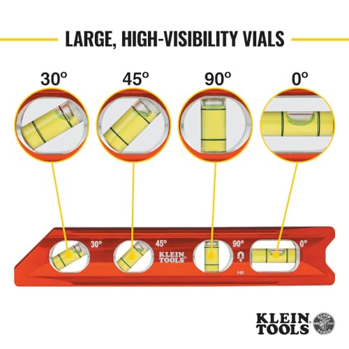 Klein Tools 935RB Torpedo Level, 8-Inch Billet Magnetic Level, 0/30/45/90 Degree Vials, V-Groove, Tapered Nose, High-Visibility Vial and Body - WoodArtSupply