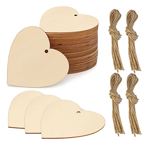 Lucleag 60 Pieces Valentines Wooden Heart Slices, Unfinished Wooden Heart for Crafts, Predrilled DIY Wooden Heart Cutouts with Natural Twine for - WoodArtSupply