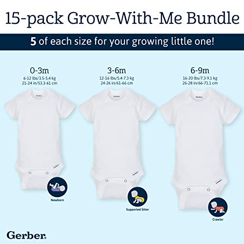 Gerber Baby 15 Piece Onesies Bodysuit Multi Size Pack, White, (0-3M, 3-6M, 6-9M) Gerber
