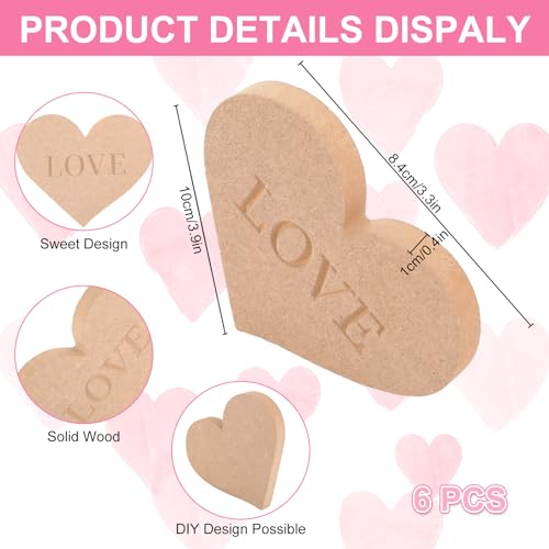 Whaline 6Pcs Valentine's Day Conversation Heart Table Wooden Sign Unfinished Love Heart Wood Slice Double-Sided Heart Tabletop Centerpiece for Whaline
