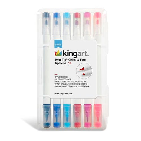 KINGART Studio Chisel & Fine Tip Marker Set of 12 Colors with Travel Storage Case KINGART