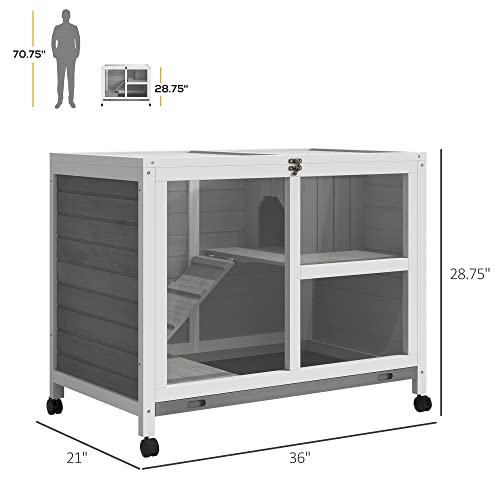 PawHut Indoor Rabbit Hutch with Wheels, Desk and Side Table Sized, Wood Rabbit Cage, Waterproof Small Rabbit Cage, Gray - WoodArtSupply