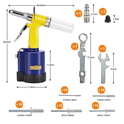 RZX Pneumatic Tool Air Riveter - 3/32", 1/8", 5/32", 3/16" and 1/4" Capacity with 50pcs Open End Blind Rivet (1) RZX