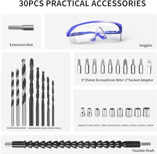 GardenJoy 21V Cordless Power Drill - Electric Drill Set with Battery and Fast Charger, 30pcs Drill/Driver Bits, 2 Variable Speed, 3/8" Keyless Chuck, GardenJoy