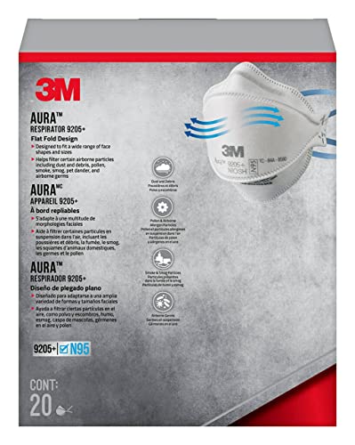 3M Aura Particulate N95 Respirator 9205+, Flat Fold Lightweight Design, Non-Valved, 20 Count (Pack of 1) 3M