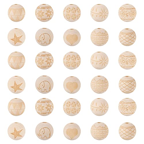 Craftdady 100pcs Unfinished Natural Wooden Beads 16mm Large Hole Rondelle Round Wooden Loose Beads with Engraved Christmas Pattern for DIY Jewelry Craftdady
