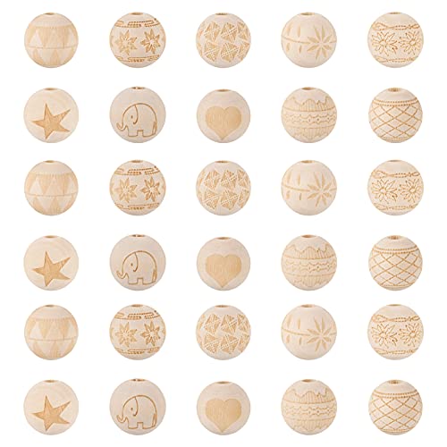 Craftdady 100pcs Unfinished Natural Wooden Beads 16mm Large Hole Rondelle Round Wooden Loose Beads with Engraved Christmas Pattern for DIY Jewelry - WoodArtSupply