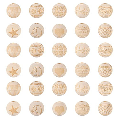 Craftdady 100pcs Unfinished Natural Wooden Beads 16mm Large Hole Rondelle Round Wooden Loose Beads with Engraved Christmas Pattern for DIY Jewelry - WoodArtSupply