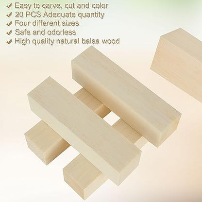 Oungy 20 PCS Unfinished Balsa Wood, Balsa Wood Blocks for Carving Whittling Wood Blocks Carving Blocks 4 Different Sizes 105 x 26 x 26mm, 105 x 51 x