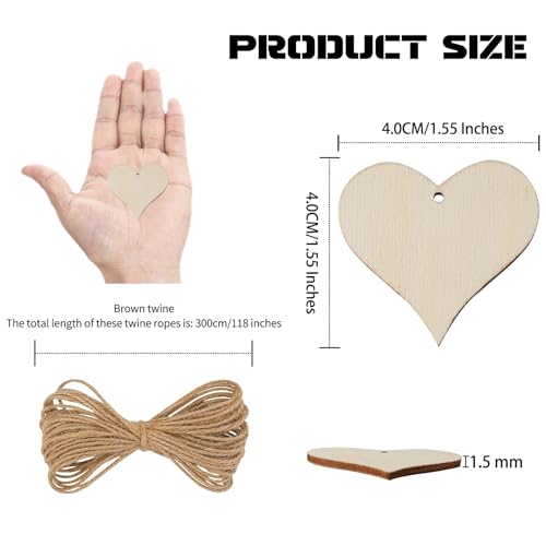 Hion Wooden Hearts for Crafts, 100 Pcs 1.57 inch Rustic Unfinished Wood Craft Kit with Predrilled Holes with 3M Hemp Rope - Perfect for DIY Art - WoodArtSupply