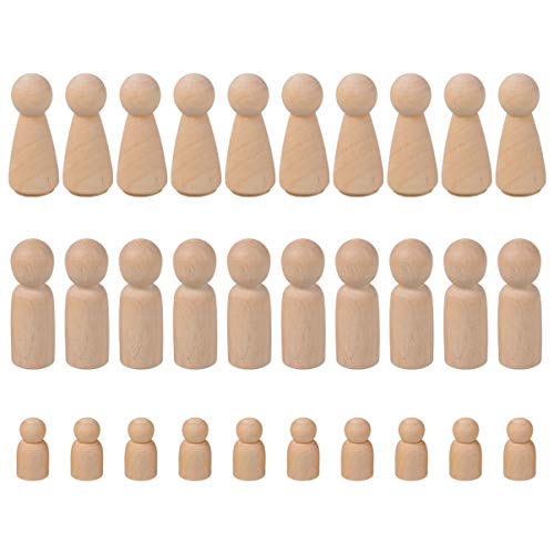NUOBESTY Unfinished Wooden Peg Dolls - 30 Pack Peg Dolls for Painting, Craft Art Projects,Men Women Baby,3 Assorted Shapes NUOBESTY