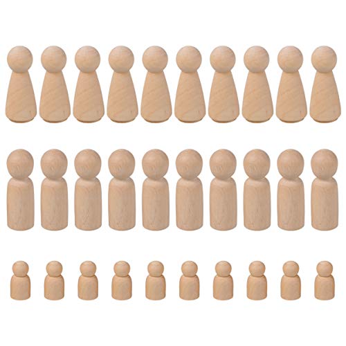 NUOBESTY Unfinished Wooden Peg Dolls - 30 Pack Peg Dolls for Painting, Craft Art Projects,Men Women Baby,3 Assorted Shapes