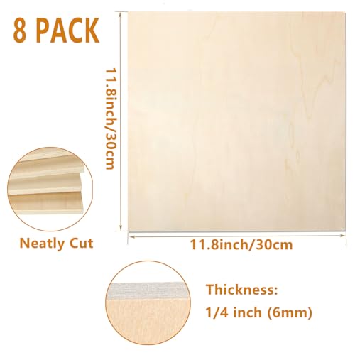 8 Pack 12 x 12x 1/4 Inch Baltic Birch Plywood 6mm Birch Wood Sheets Unfinished Wood Squares Wood Board for Painting, DIY Project, Wood Burning,