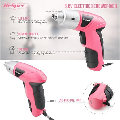 Hi-Spec 27pc 3.6V Pink USB Small Power Electric Screwdriver Set. Cordless & Rechargeable with Driver Bit Set - WoodArtSupply