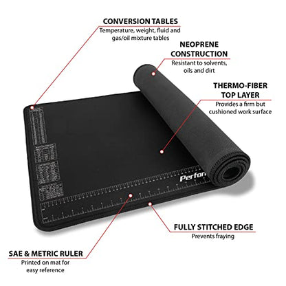 Performance Tool W88977 Neoprene Mat with Ruler and Reference Charts, Chemical Resistant, 16-Inch x 35.75-Inch, Protects Work Surface from Solvents - WoodArtSupply