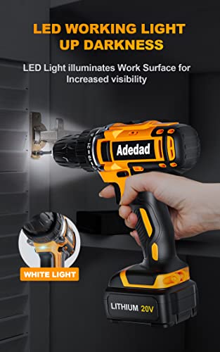 Adedad 20V Cordless Drill Set Electric Power Drill Kit with Battery and Charger, 3/8 Inch Keyless Chuck, 21+1 Position,2 Variable Speed, LED Light - WoodArtSupply