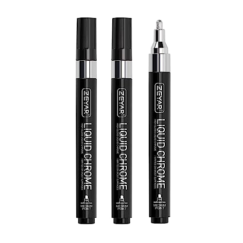 ZEYAR Liquid Chrome Marker Paint Marker, Silver Mirror Pen for smooth surfaces, High-gloss Mirrored display effects, Medium Point, set of 3 ZEYAR