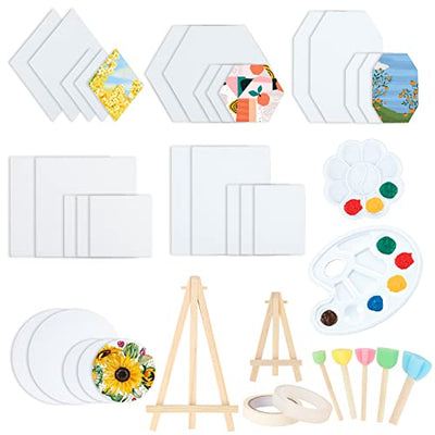 30 Packs Canvases for Painting with Palettes Mini Easels Sponges, Painting Canvas Panels Bulk for Oil Watercolor Hexagon Round Rectangle 8x10 Small