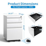 EKJ 3 Drawer Mobile File Cabinet, White Metal Under Desk Filing Cabinets with Wheels, Locking Slim Vertical File Cabinet for Home Office, Fully EKJ