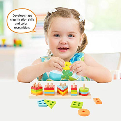 WOOD CITY Wooden Sorting & Stacking Toy, Shape Sorter Toys for Toddlers, Montessori Color Recognition Stacker, Early Educational Block Puzzles for