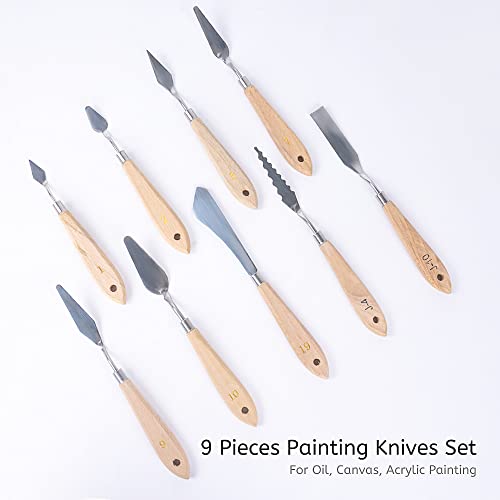 Arrtx 9 PCS Painting Knives Stainless Steel Spatula Palette Knife with Wood Handle for Oil Canvas Acrylic Painting Gouache Color Mixing Art - WoodArtSupply