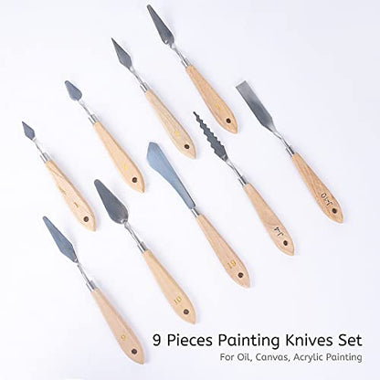 Arrtx 9 PCS Painting Knives Stainless Steel Spatula Palette Knife with Wood Handle for Oil Canvas Acrylic Painting Gouache Color Mixing Art - WoodArtSupply