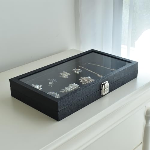Ikee Design Leatherette Wooden Jewelry Display Case with Glass Top and Black Velvet Pad, Home Organization Storage Box, Wooden Jewelry Tray for Ikee Design