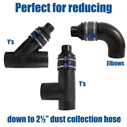 4 inch to 2-1/2 inch Reducer with 4 inch Flexible Cuff Rubber Coupler Fitting and Stainless Steel Hose Clamps with Turn Key Thumb Screw to Easily Peachtree Woodworking Supply