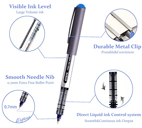 EYEYE Blue Fine Tip Pen, Bullet Tip Liquid Ink Rollerball Pens, 0.7mm Pens Fine point， Free Ink Roller Fine Tip Pens, Blue Ink Liquid Rollering Pens, - WoodArtSupply