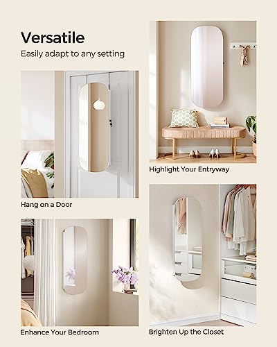 SONGMICS Jewelry Organizer, LED Jewelry Cabinet Wall/Door Mounted, Lockable Rounded Wide Mirror with Storage, Interior Mirror, White Surface with