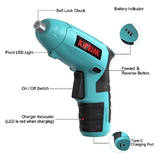 Small 4V Electric Screwdriver,Kiprim ES3 Cordless Screwdriver Tool with Rechargeable Battery,LED Front Light & Power Display Light for Home DIY Blue - WoodArtSupply