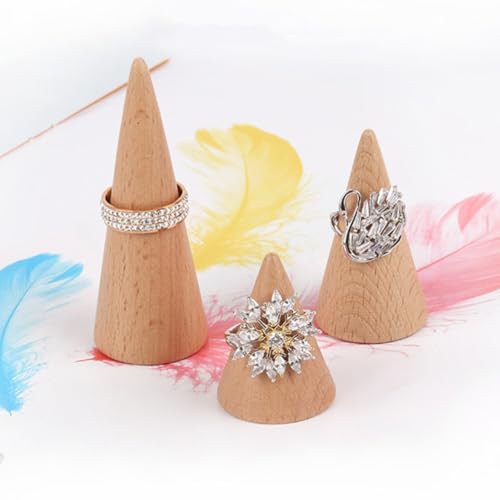 STOBAZA 3PCS Wooden Cone Ring Holders Unpainted Finger Ring Display Stand Jewelry Organizer Display Rack DIY Craft Wood Cone Stand - WoodArtSupply