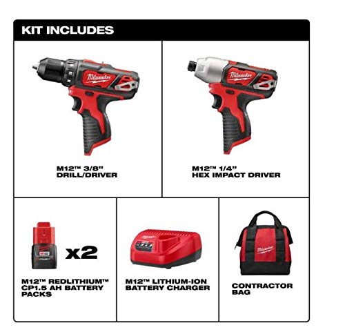 M12 12-Volt Lithium-Ion Cordless Drill Driver/Impact Driver Combo Kit (2-Tool) with Free M12 1.5Ah Battery (2-Pack) Milwaukee
