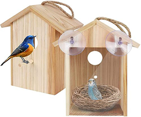 ColorfulLaVie Window Bird House with Strong Suction Cup and Lanyard for Outside - See Through Upgraded Wooden Birdhouse Outdoors,Bird Nest ColorfulLaVie