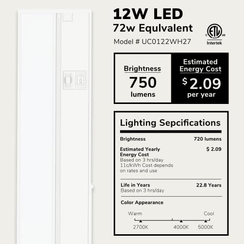LAGOM 22" Direct Wire Dimmable LED Under Cabinet Lights, Selectable 2700K/4000K/5000K, Selectable Brightness, White Finish, UC0122WH27 LAGOM