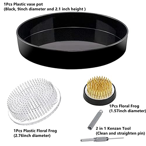Japanese Ikebana Kit Floral Frog Flower Container Set with 9inch Plastic Bowl Vase Pot, 1.57inch Kenzan, 2.76inch Plastic Kenzan, 2-in-1 Kenzan Tool Eggone