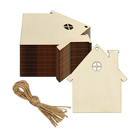 20pcs Wooden House Shaped DIY Craft Cutouts Unfinished Wood with Ropes Embellishments Gift Tags Ornaments for Wedding Home Christmas Party Decoration JANOU