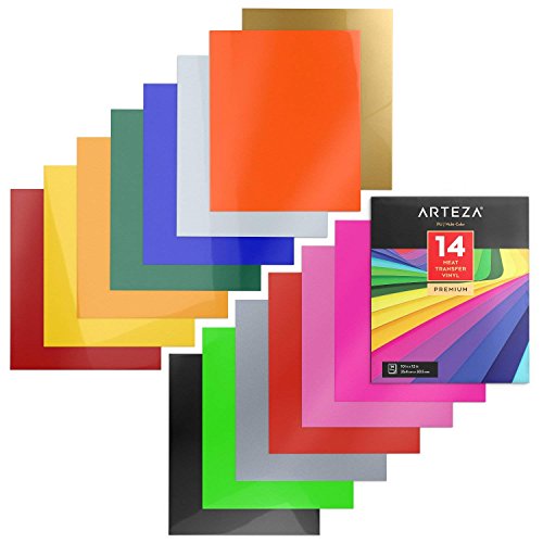 ARTEZA HTV Vinyl Bundle, 14 Multi-Color Iron On Heat Transfer Sheets, 10x12 Inches, Flexible & Easy to Weed, Use with Any Craft Cutting Machine, ARTEZA