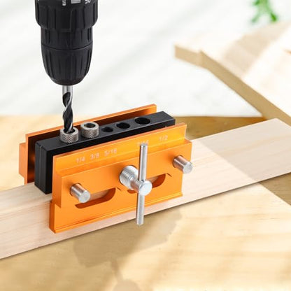 Samrira Self Centering Dowel Jig - Doweling Jig Kit for Woodworking Drill Guide For Straight Holes Wood Tools Width Adjustable with 6 Bushings + 3