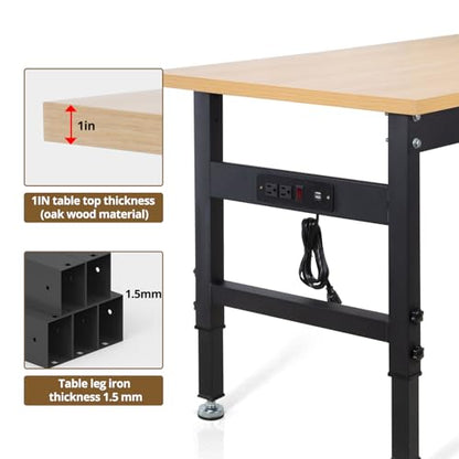 Work Bench, Height Adjustable Workbench Heavy Duty Oak Wood Desktop Work Table with Power Socket for Garage, Workshop, Office and Home(47.3 x 23.6